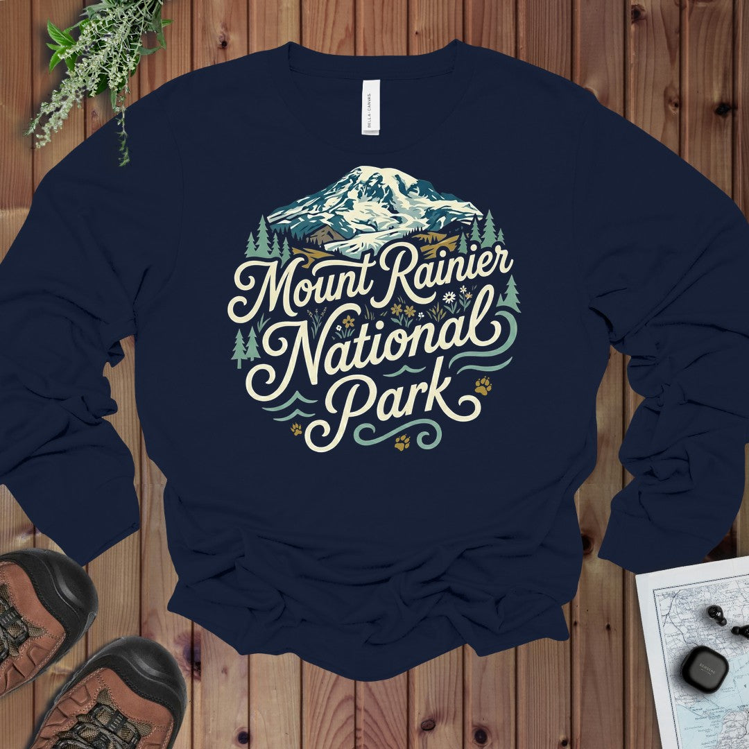 Mount Rainier National Park Curved Long Sleeve T-Shirt in Navy