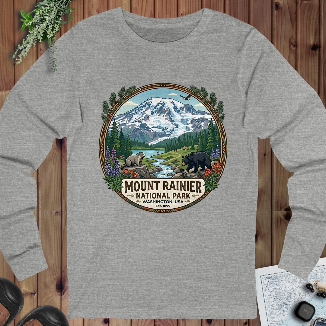Mount Rainier National Park Emblem Long Sleeve T-Shirt in Athletic Heather