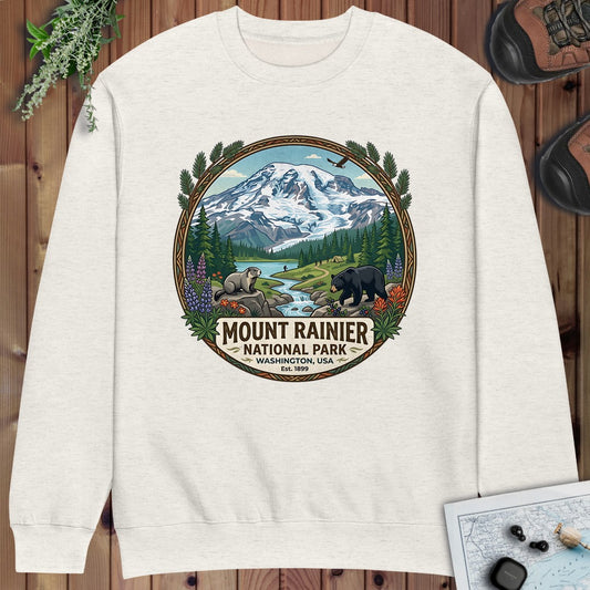Mount Rainier National Park Emblem Crewneck Sweatshirt in Oatmeal Heather