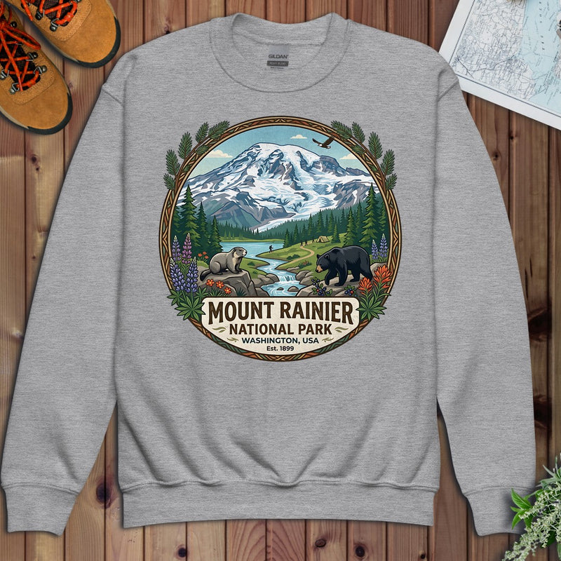 Mount Rainier National Park Emblem Graphic Youth Sweatshirt in Athletic Heather