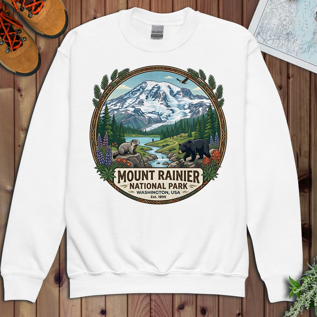 Mount Rainier National Park Emblem Graphic Youth Sweatshirt in White