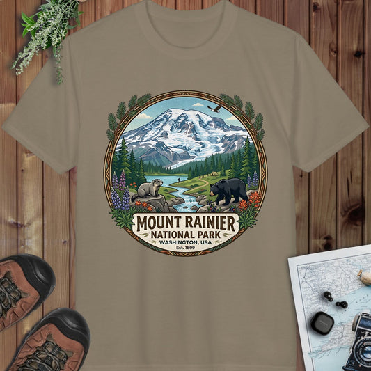 Mount Rainier National Park Emblem Performance T-Shirt in Prairie Dust