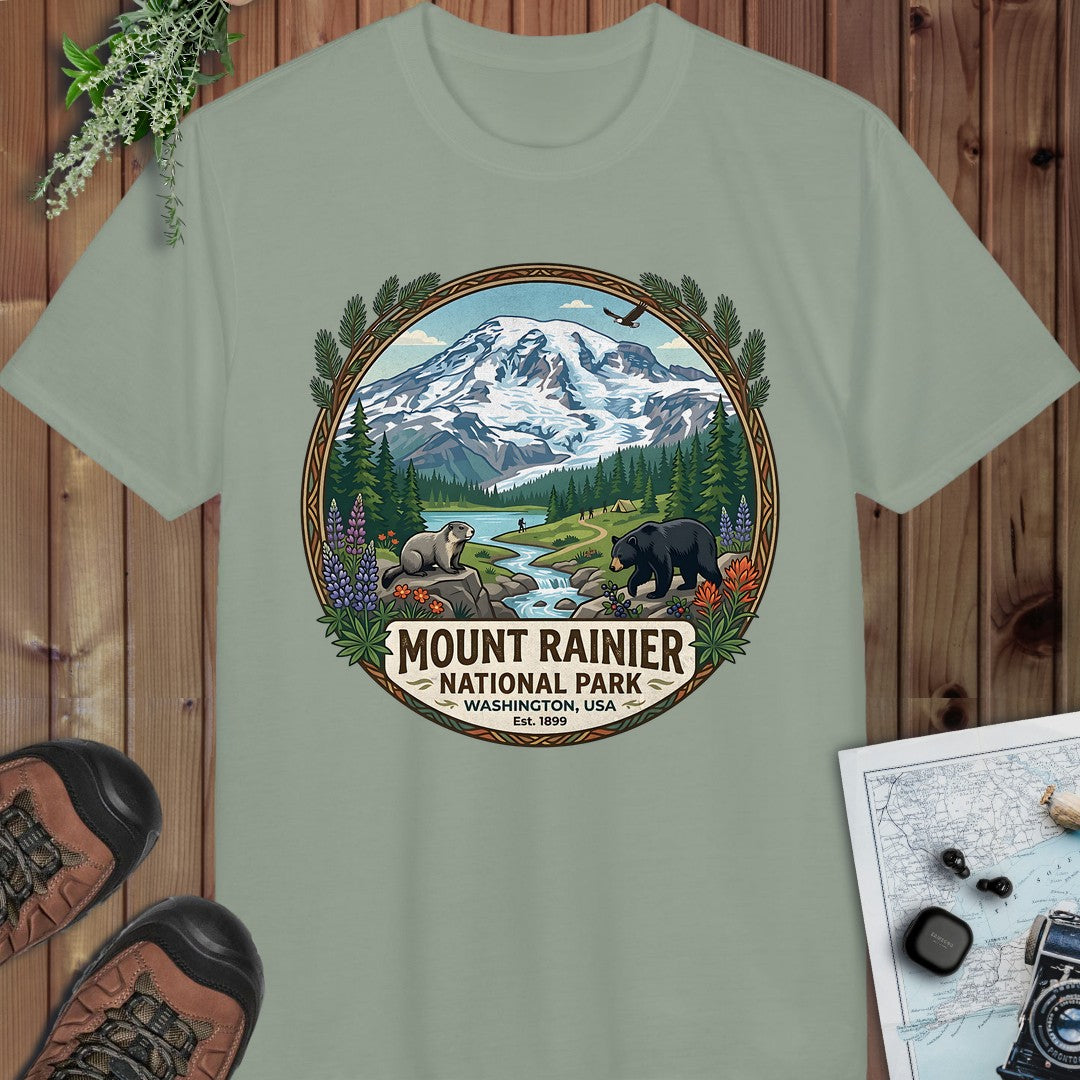 Mount Rainier National Park Emblem Performance T-Shirt in Sage