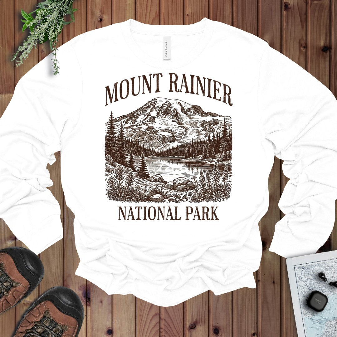 Mount Rainier National Park Emblem Long Sleeve T-Shirt in White