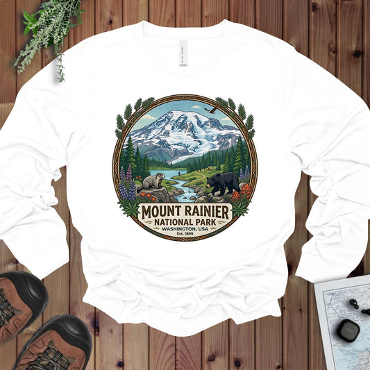 Mount Rainier National Park Emblem Long Sleeve T-Shirt in White