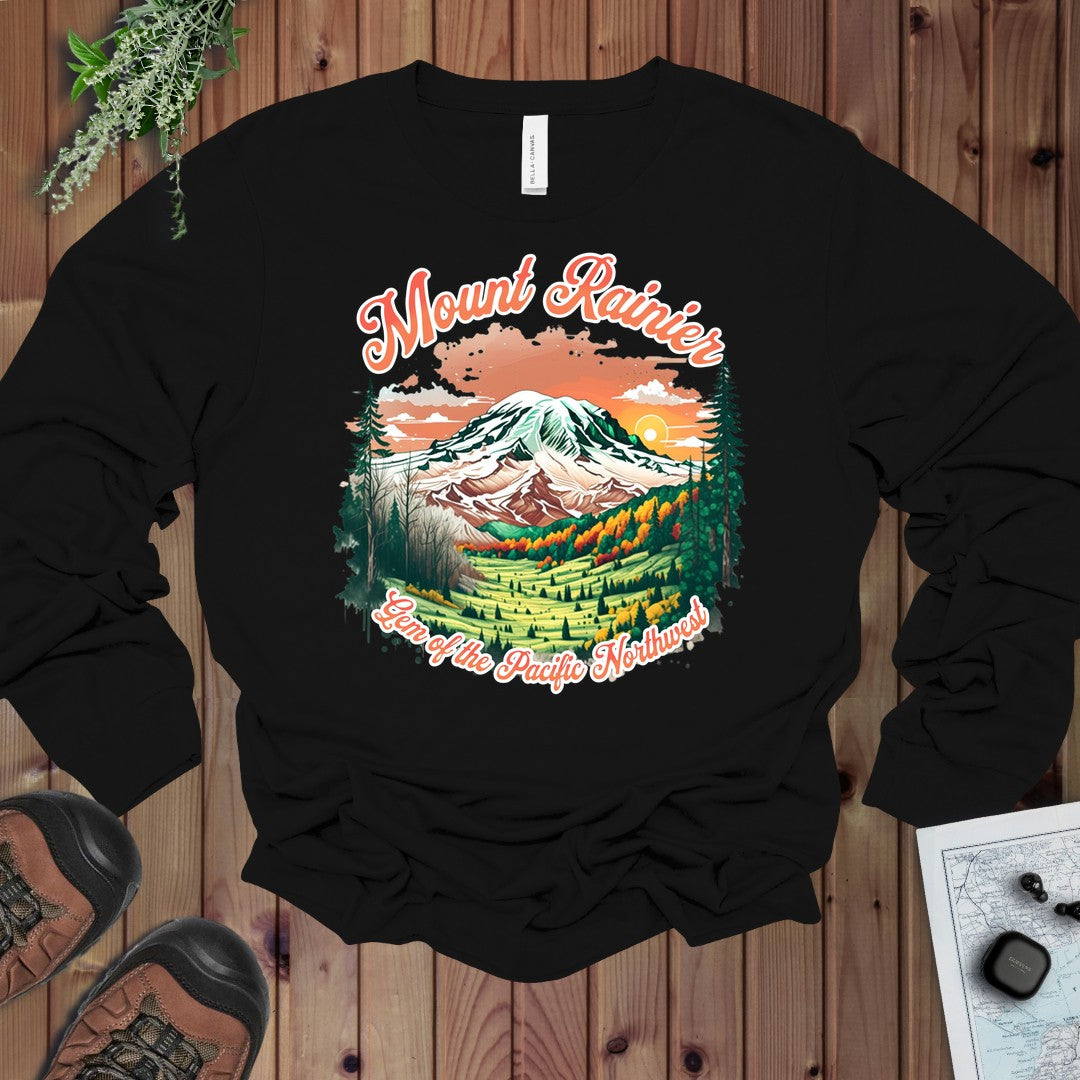 Mount Rainier National Park Gem Of The Pacific Northwest Long Sleeve T-Shirt in Black
