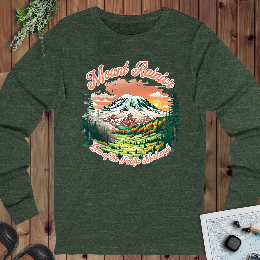 Mount Rainier National Park Gem Of The Pacific Northwest Long Sleeve T-Shirt in Heather Forest