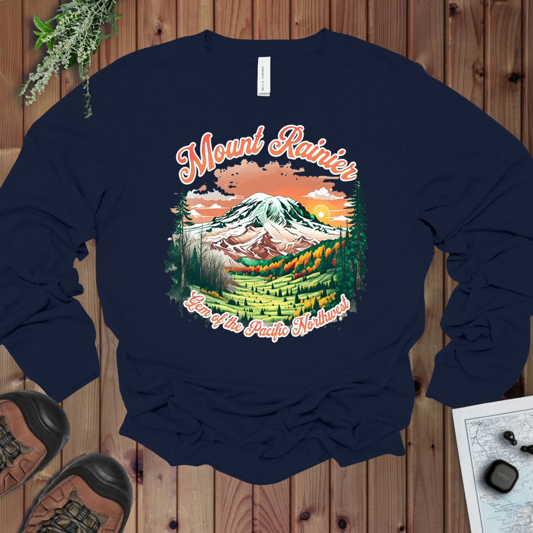 Mount Rainier National Park Gem Of The Pacific Northwest Long Sleeve T-Shirt in Navy
