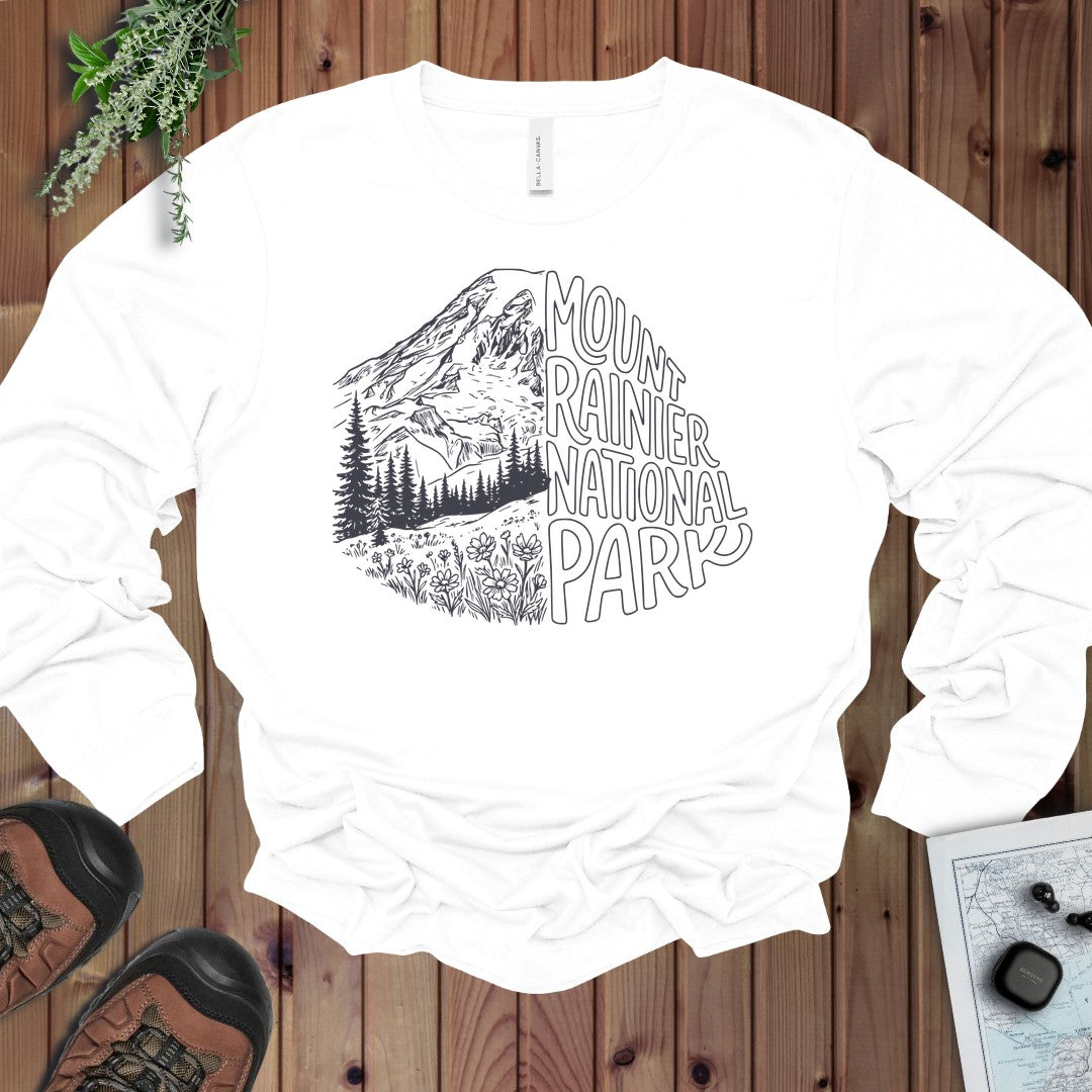 Mount Rainier National Park Half Long Sleeve T-Shirt in White