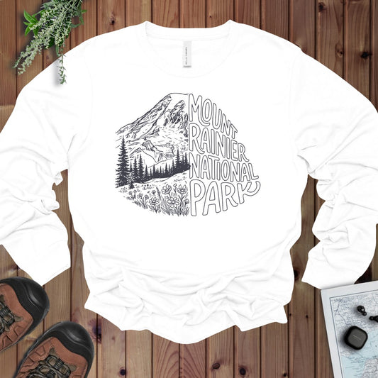 Mount Rainier National Park Half Long Sleeve T-Shirt in White