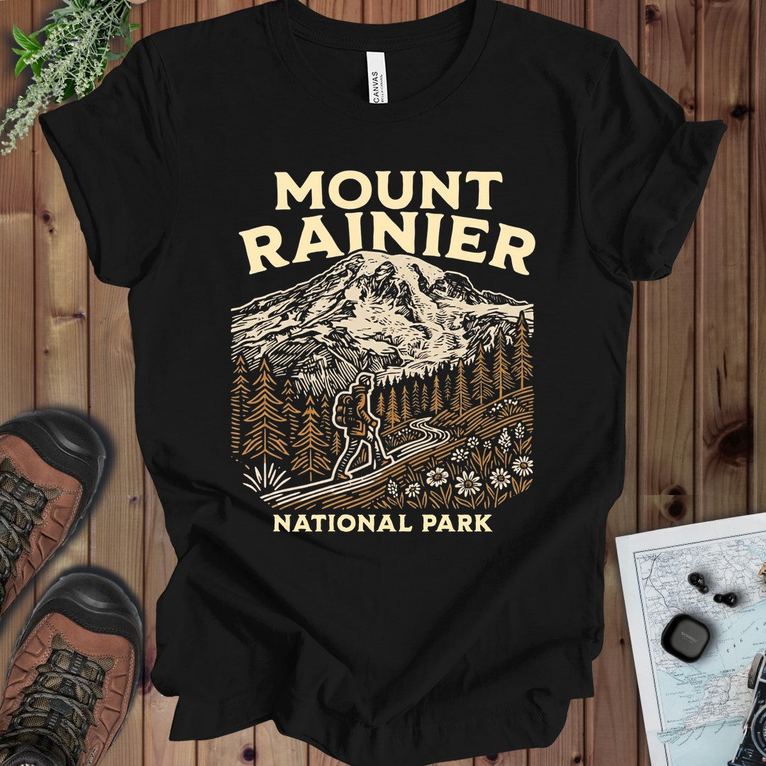 Mount Rainier National Park Hiker Kids Graphic T-Shirt in Black