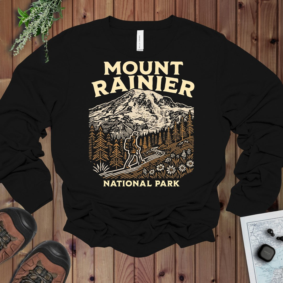 Mount Rainier National Park Hiker Long Sleeve T-Shirt in Black
