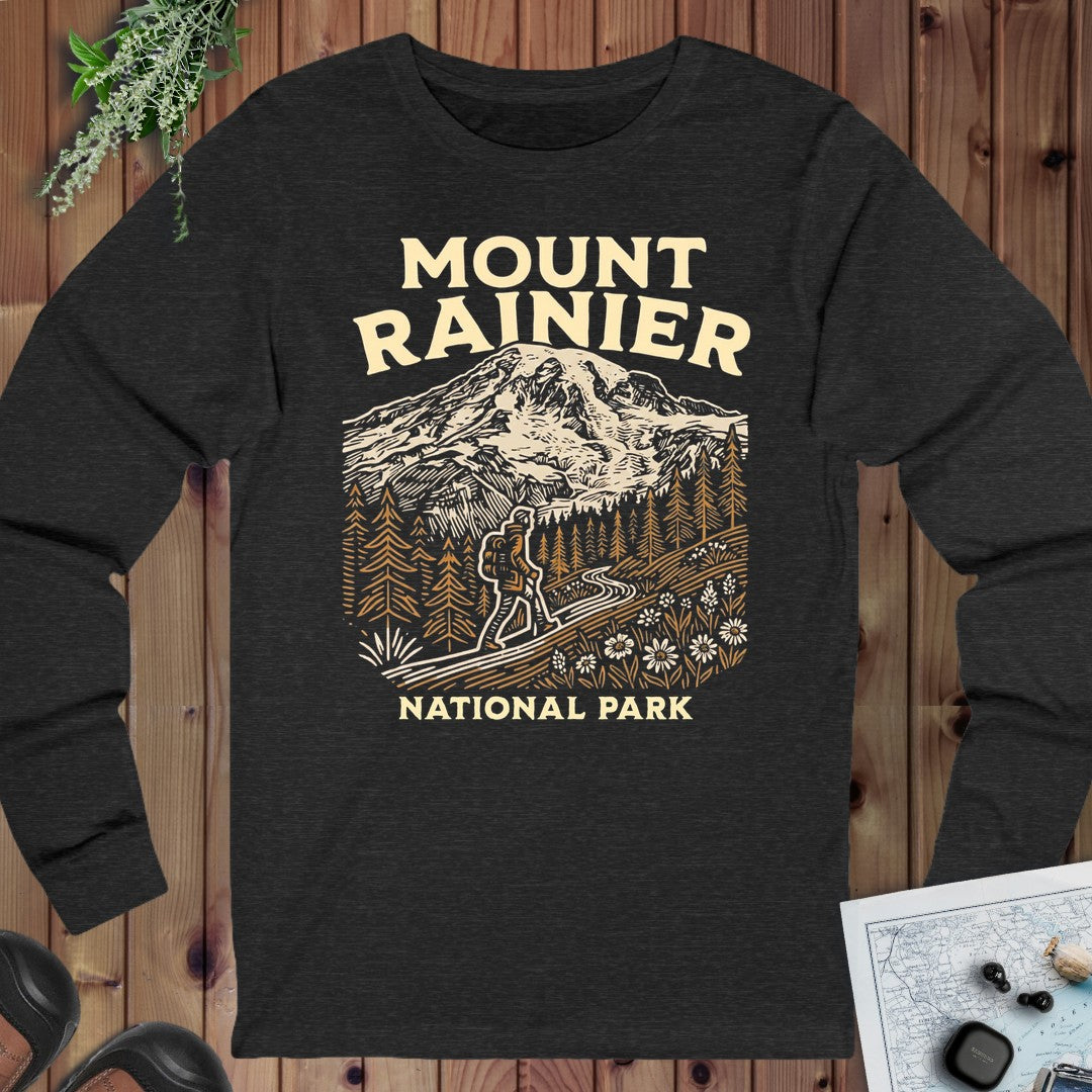 Mount Rainier National Park Hiker Long Sleeve T-Shirt in Dark Grey Heather