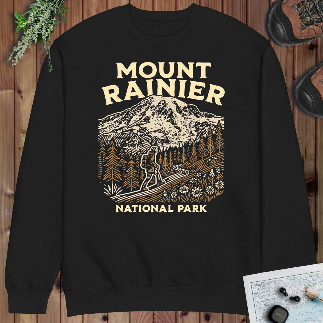 Mount Rainier National Park Hiker Graphic Crewneck Sweatshirt in Black