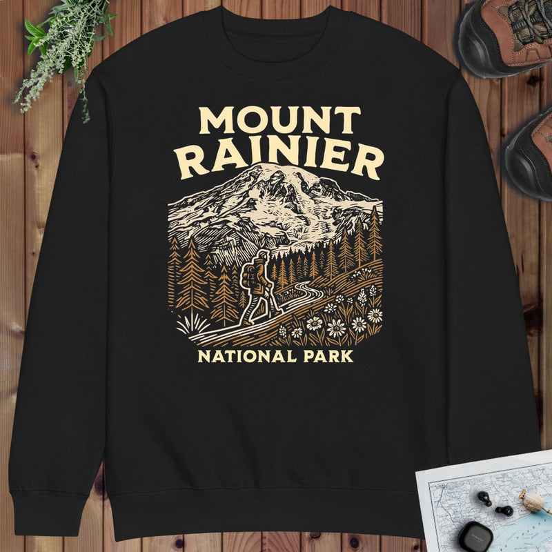 Mount Rainier National Park Hiker Graphic Crewneck Sweatshirt in Black