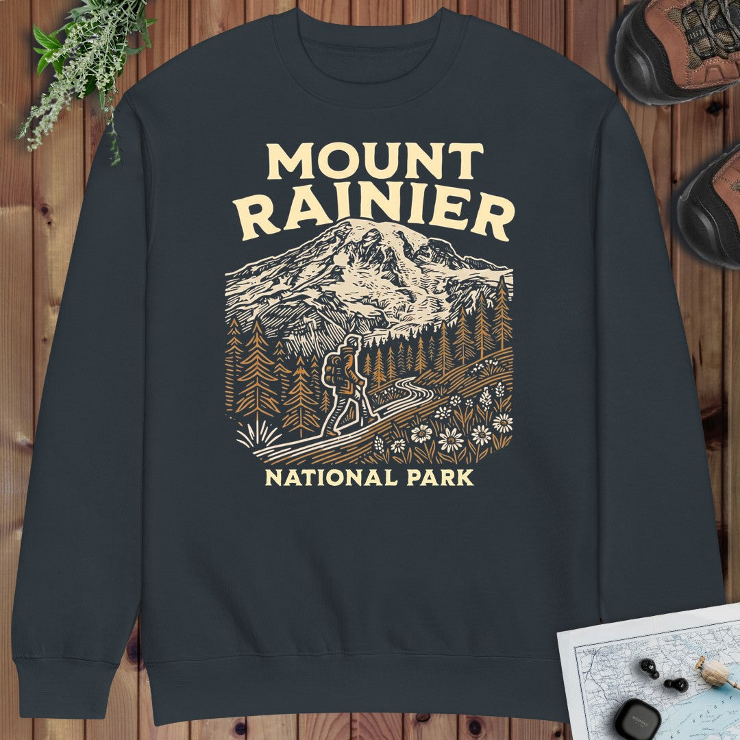 Mount Rainier National Park Hiker Graphic Crewneck Sweatshirt in Navy