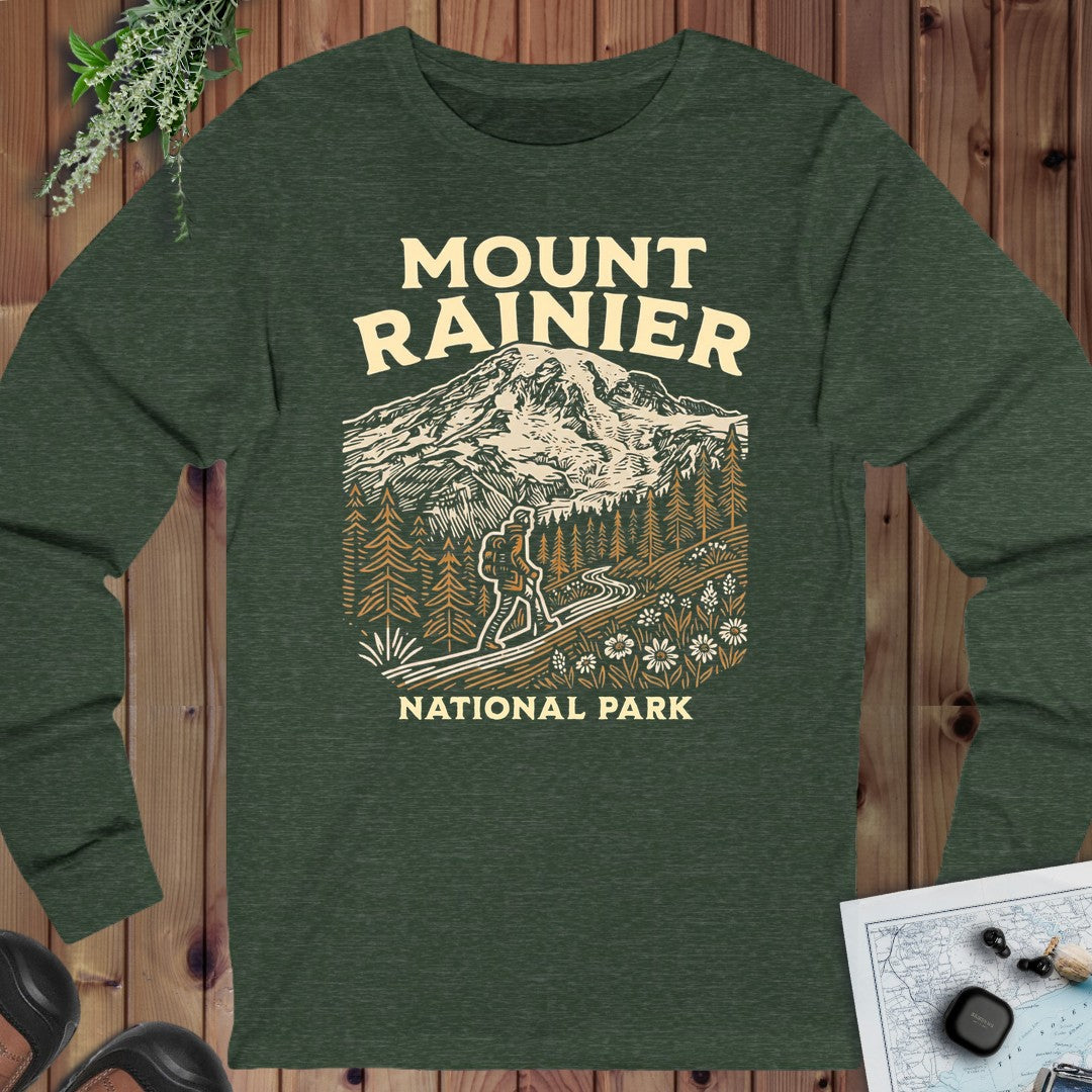 Mount Rainier National Park Hiker Long Sleeve T-Shirt in Heather Forest