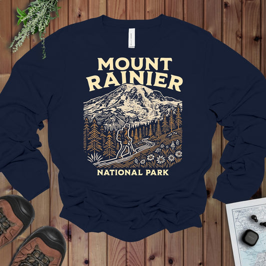 Mount Rainier National Park Hiker Long Sleeve T-Shirt in Navy