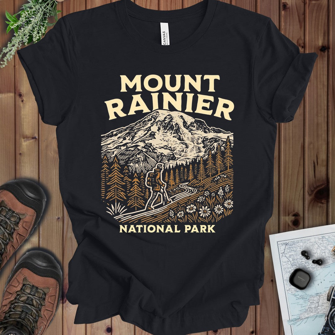 Mount Rainier National Park Hiker Kids Graphic T-Shirt in Vintage Black