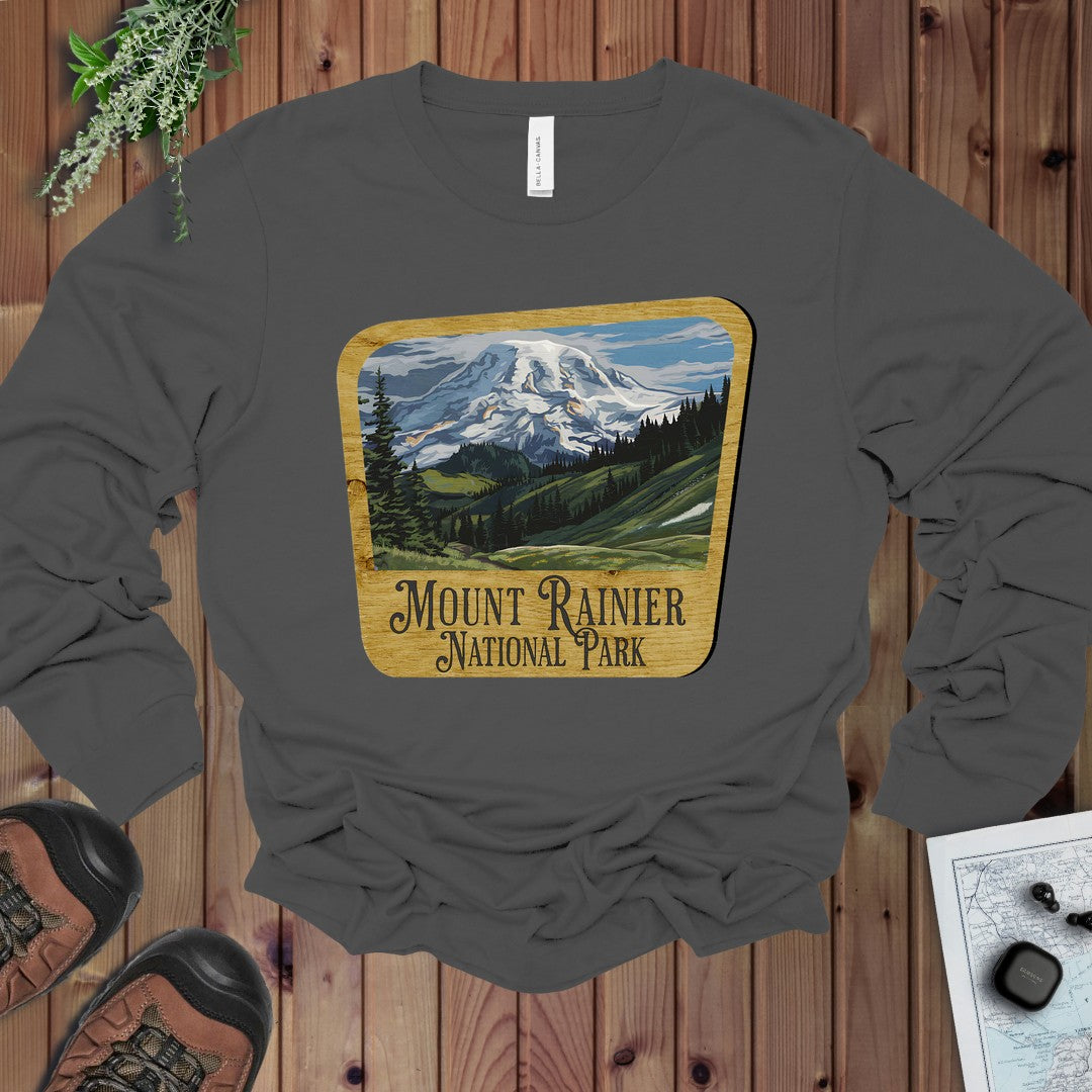 Mount Rainier National Park Mountain Wood Sign Long Sleeve T-Shirt in Asphalt
