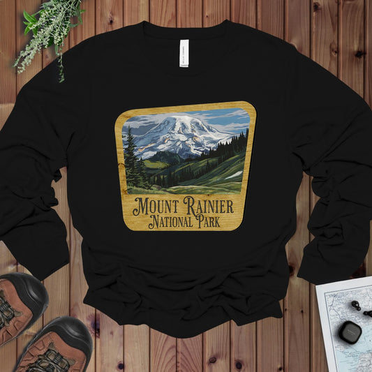 Mount Rainier National Park Mountain Wood Sign Long Sleeve T-Shirt in Black