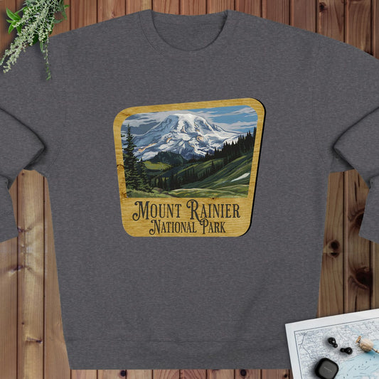 Mount Rainier National Park Mountain Wood Sign Crewneck Sweatshirt in Charcoal Heather