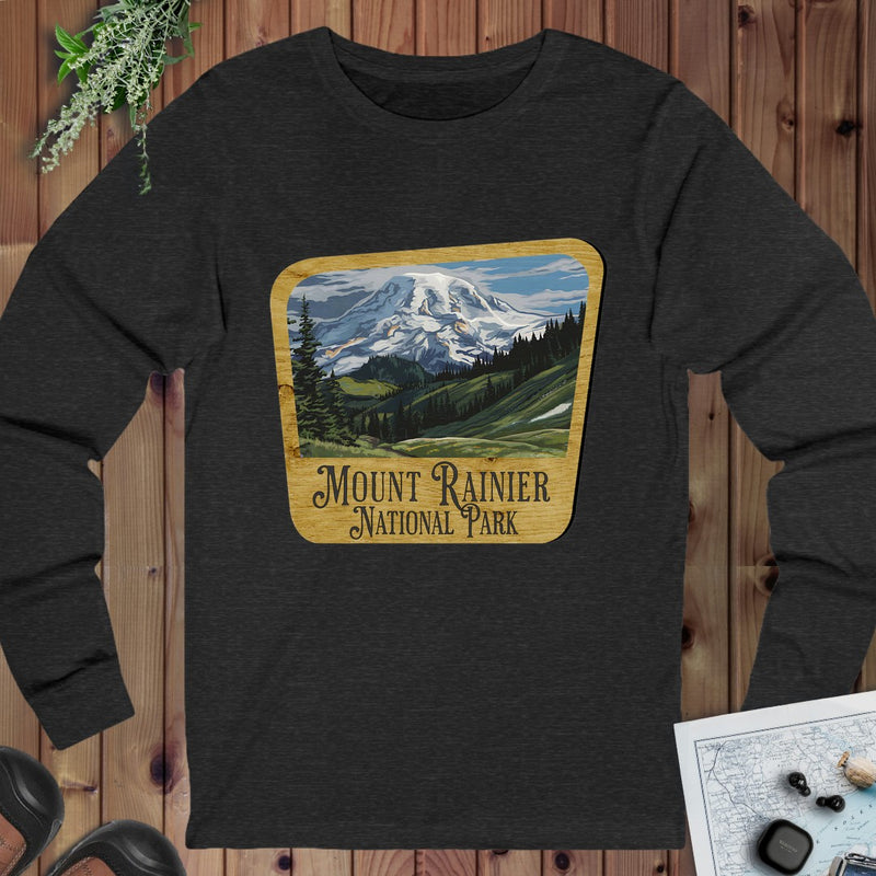 Mount Rainier National Park Mountain Wood Sign Long Sleeve T-Shirt in Dark Grey Heather
