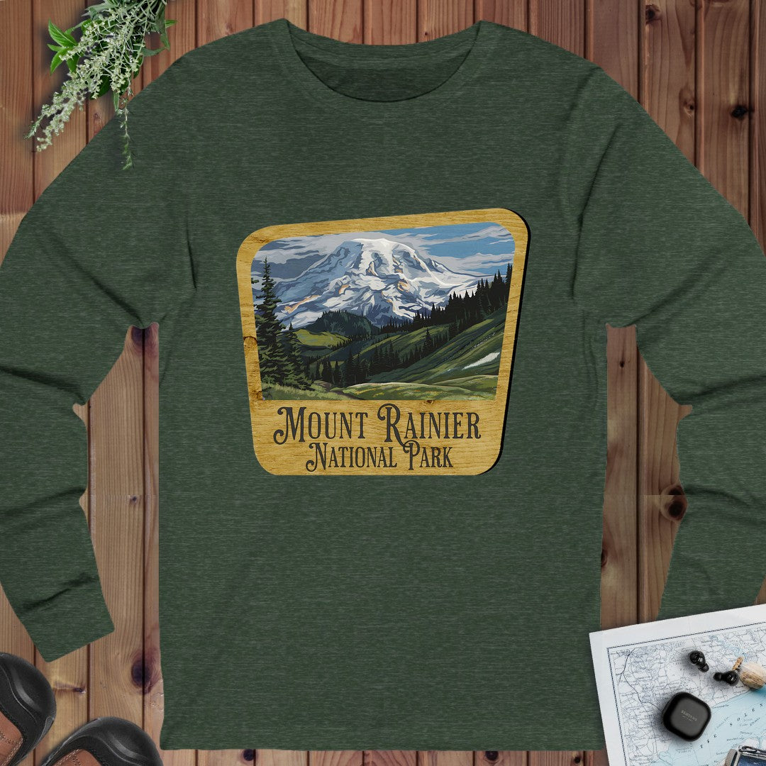 Mount Rainier National Park Mountain Wood Sign Long Sleeve T-Shirt in Heather Forest