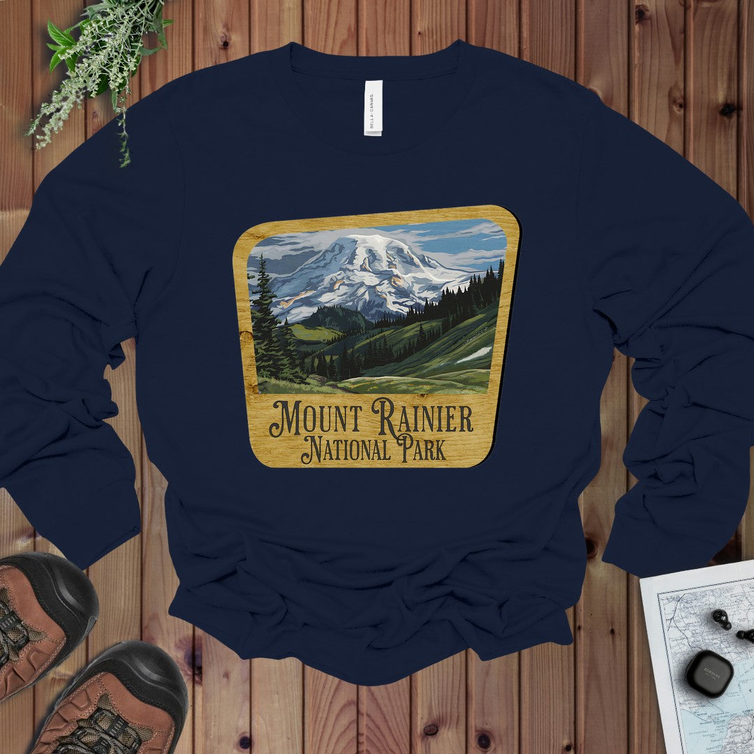 Mount Rainier National Park Mountain Wood Sign Long Sleeve T-Shirt in Navy