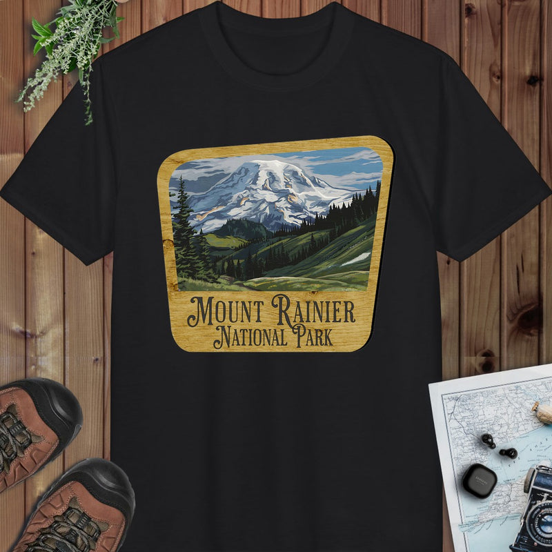 Mount Rainier National Park Wood Sign Performance T-Shirt in Black