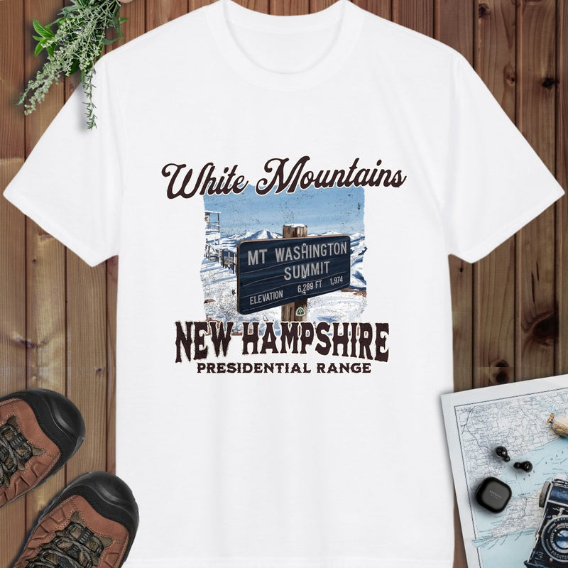 Mount Washington Sign New Hampshire Presidential Range Performance T-Shirt in White