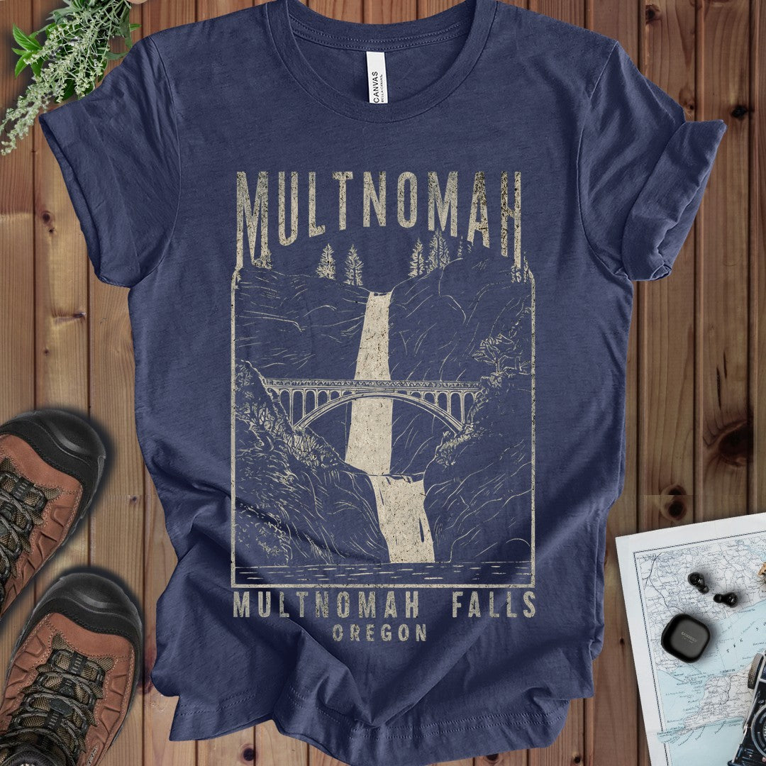 Multnomah Falls Oregon Unisex Soft Kids Graphic T-Shirt in Heather Navy