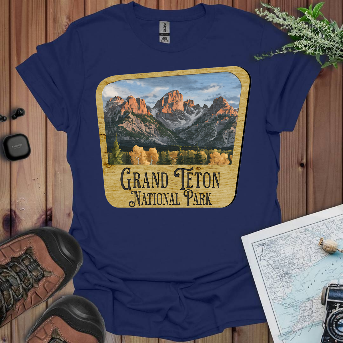 Grand Teton National Park Unisex Fit Soft T-Shirt Wood Sign T-Shirt Printify XS Navy