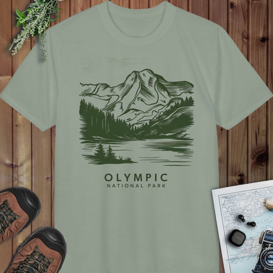 Olympic National Park Mountain View Coastal Art Performance T-Shirt in Sage