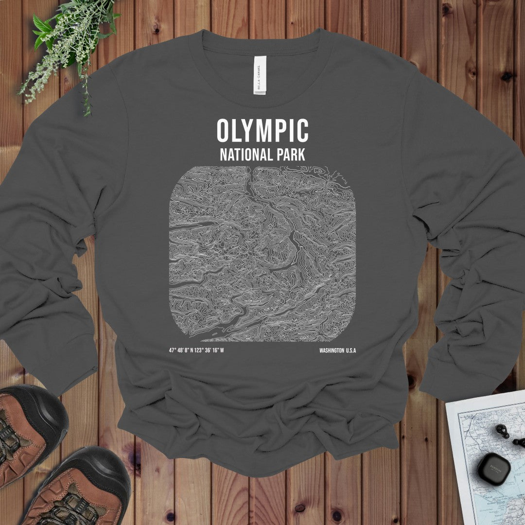 Olympic National Park Topo Lines Long Sleeve T-Shirt in Asphalt