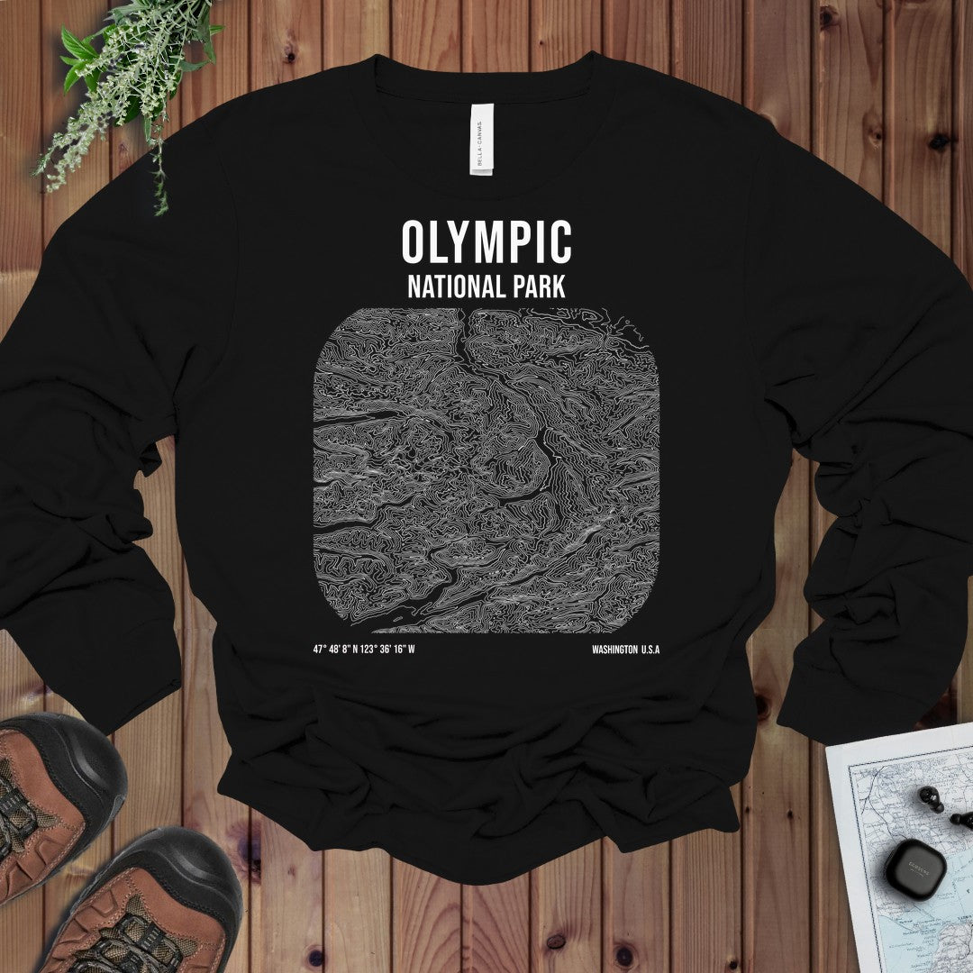Olympic National Park Topo Lines Long Sleeve T-Shirt in Black