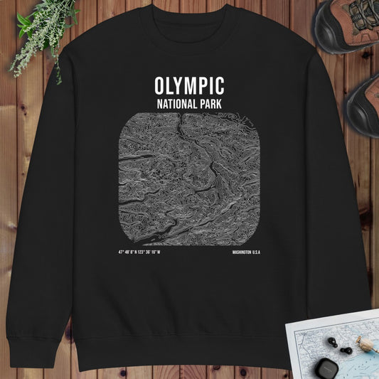 Olympic National Park Topo Lines Crewneck Sweatshirt Graphic Crewneck Sweatshirt in Black