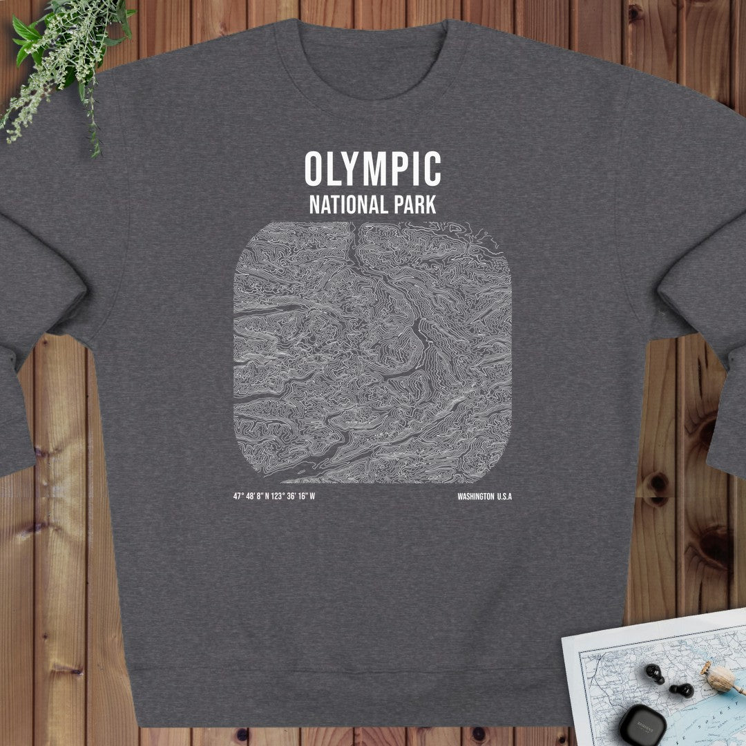 Olympic National Park Topo Lines Crewneck Sweatshirt Graphic Crewneck Sweatshirt in Charcoal Heather