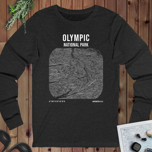Olympic National Park Topo Lines Long Sleeve T-Shirt in Dark Grey Heather