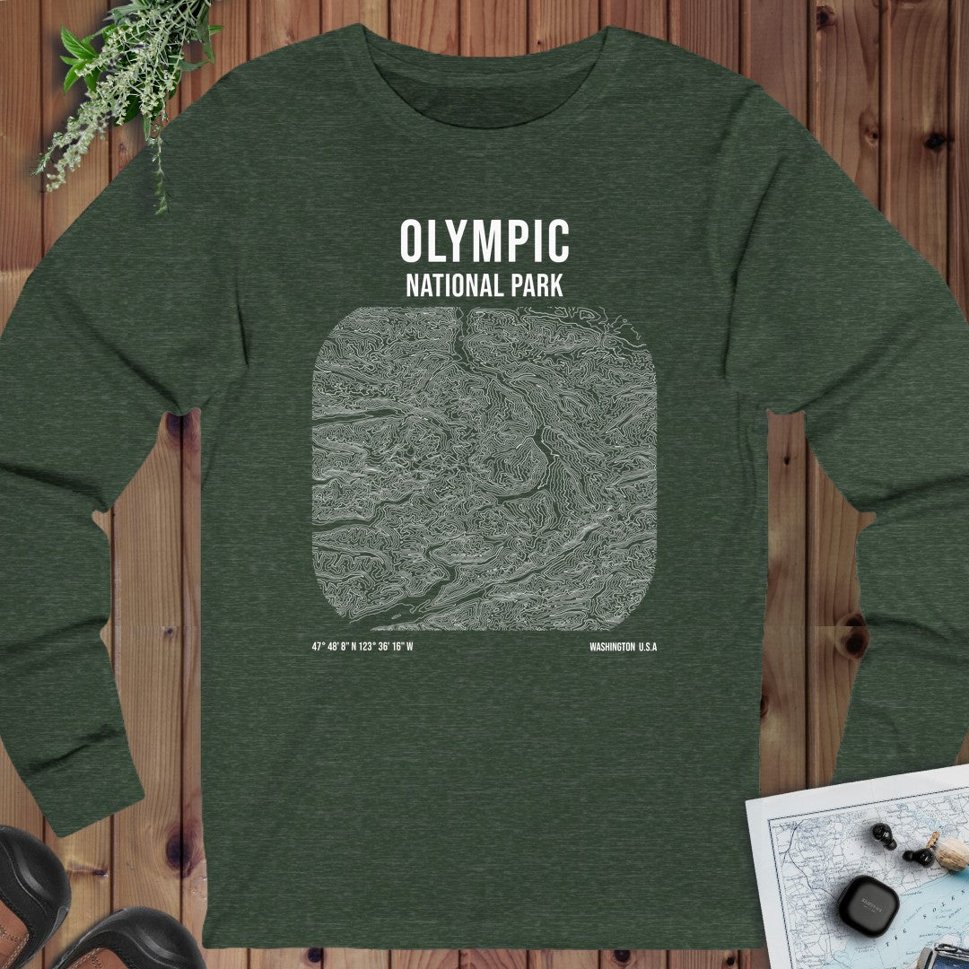 Olympic National Park Topo Lines Long Sleeve T-Shirt in Heather Forest