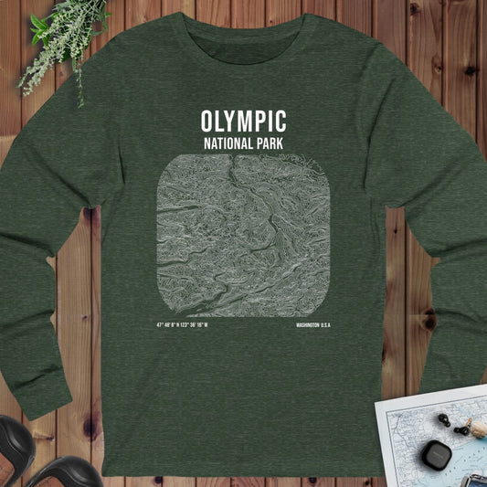 Olympic National Park Topo Lines Long Sleeve T-Shirt in Heather Forest