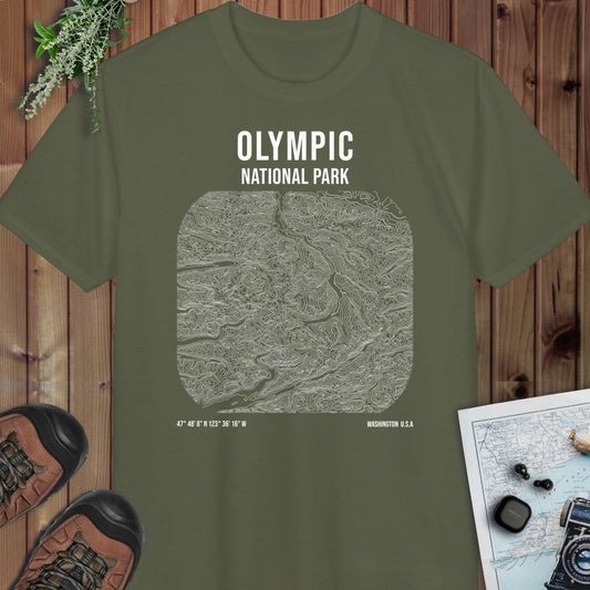 Olympic National Park Topo Lines Performance T-Shirt in Military Green