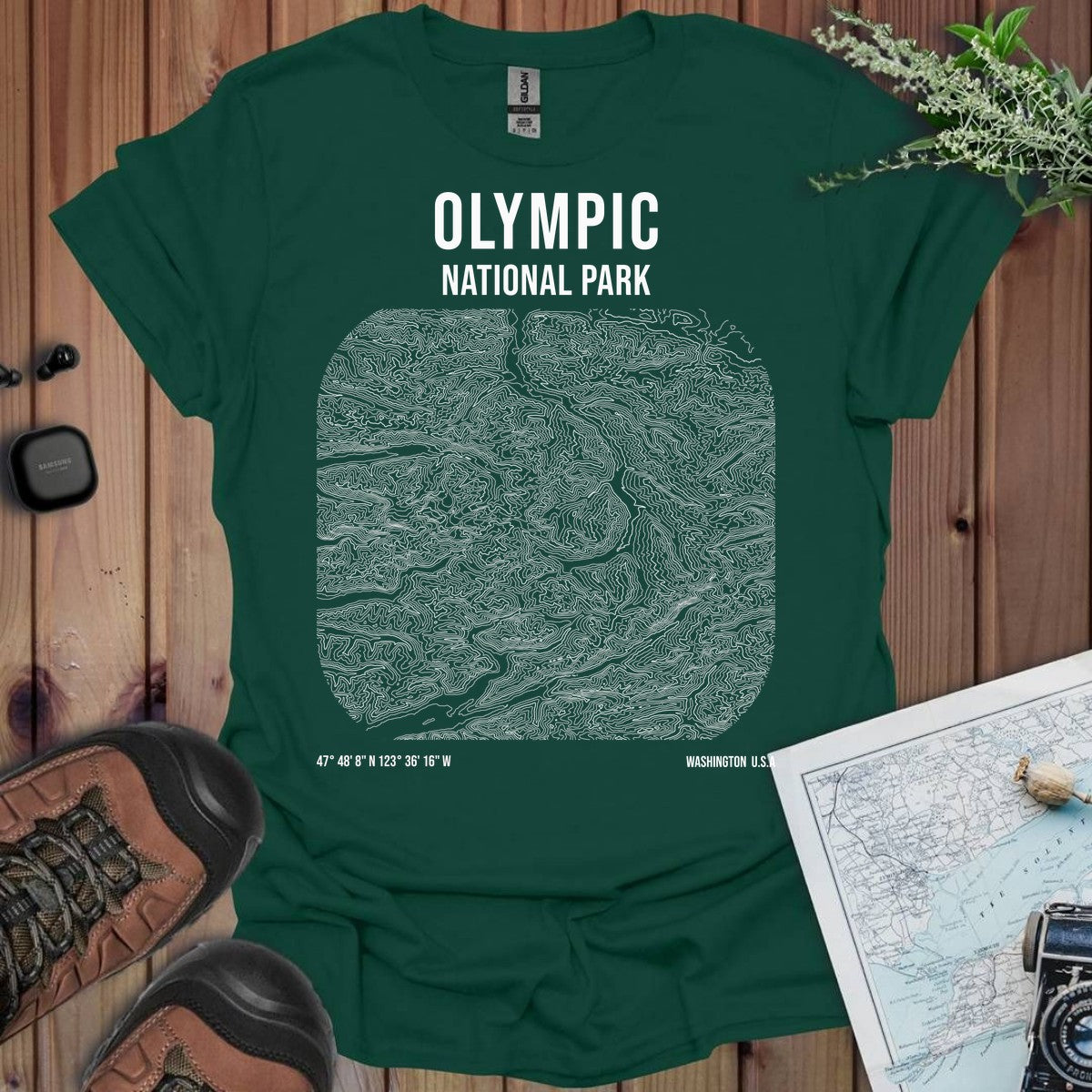 Olympic National Park Topo Lines T-Shirt in Forest Green