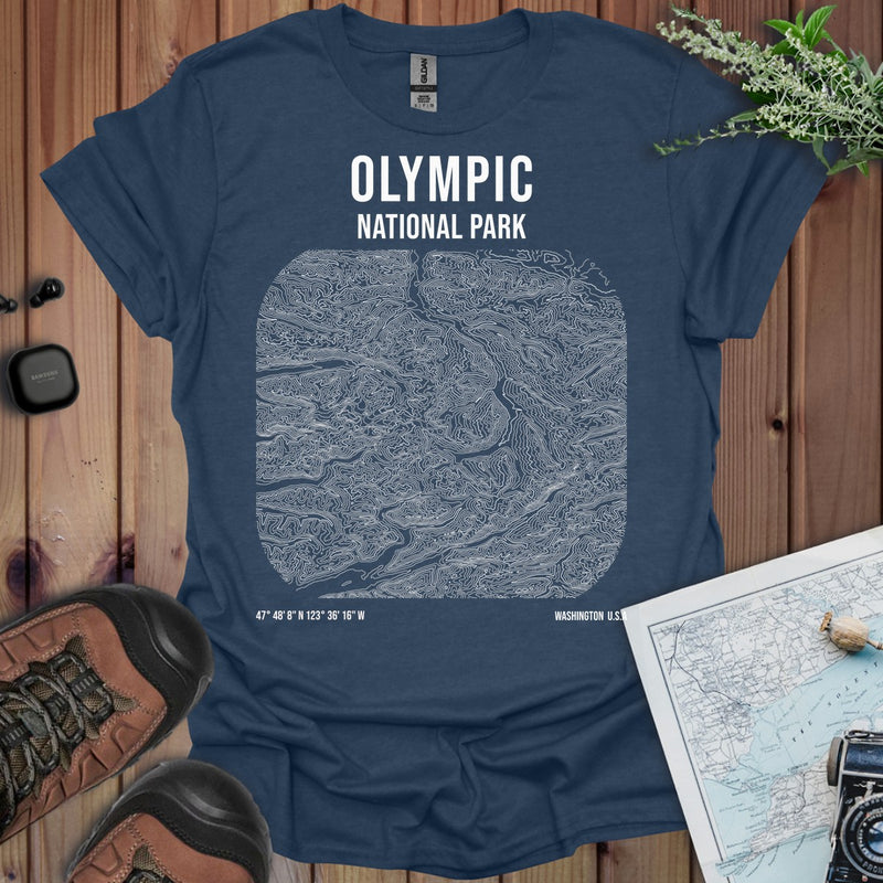 Olympic National Park Topo Lines T-Shirt in Heather Navy