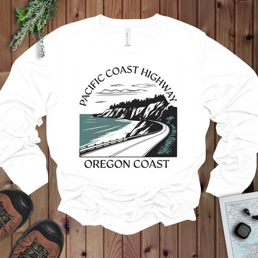Oregon Coast Highway 101 Pacific Coast Highway Fit Pch Long Sleeve T-Shirt in White