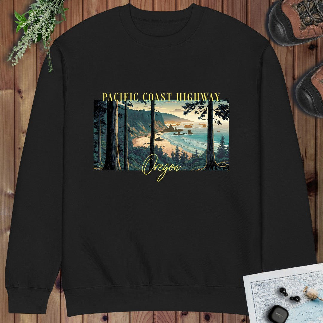 Pacific Coast Highway Oregon Fleece Hoodie Crewneck Sweatshirt in Black