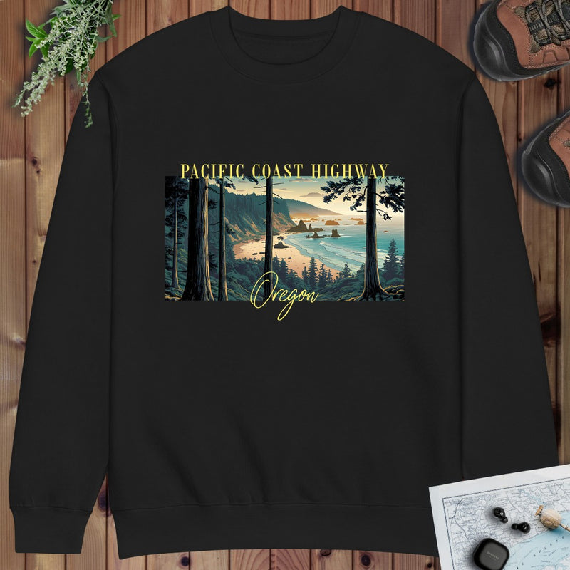 Pacific Coast Highway Oregon Fleece Hoodie Crewneck Sweatshirt in Black