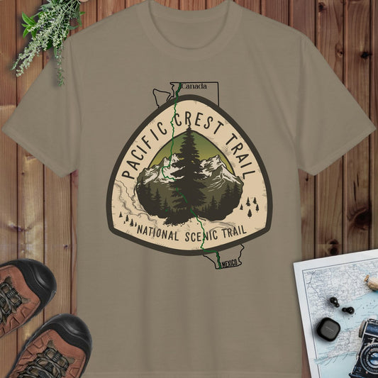 Pacific Crest Trail Logo Emblem Mexico Canada Line Performance T-Shirt in Prairie Dust