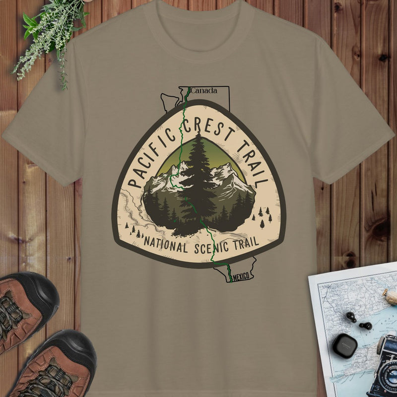 Pacific Crest Trail Logo Emblem Mexico Canada Line Performance T-Shirt in Prairie Dust