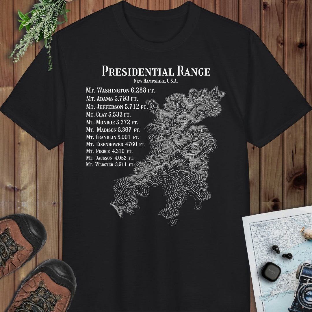 Presidential Range Mount Washington Topo Rings Performance T-Shirt in Black